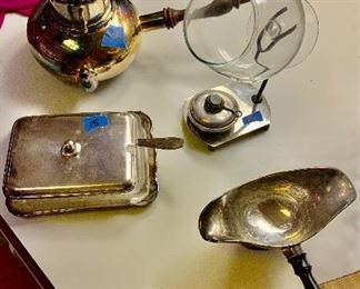 Silver Coverered Cheese or Butter dish $15
Brandy Warmer with glass $10
Unique coffee server $75
Wood handled gravy / coffee server $10
