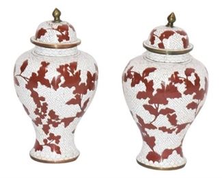 42.Pair Red and White Chinese Lidded Urns