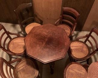 Table and chairs.   Chairs were refinished and seats were rewoven, 5 chairs match, 1 is not like the others.   Table has a few scratches.   Will sell independent of each other.