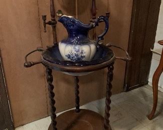 Vintage wash basin and pitcher with stand and mirror.  Pitcher is shipped and mouth.