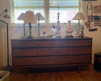 Bedroom dresser 66" long.   End table lamps.   Lamp stands