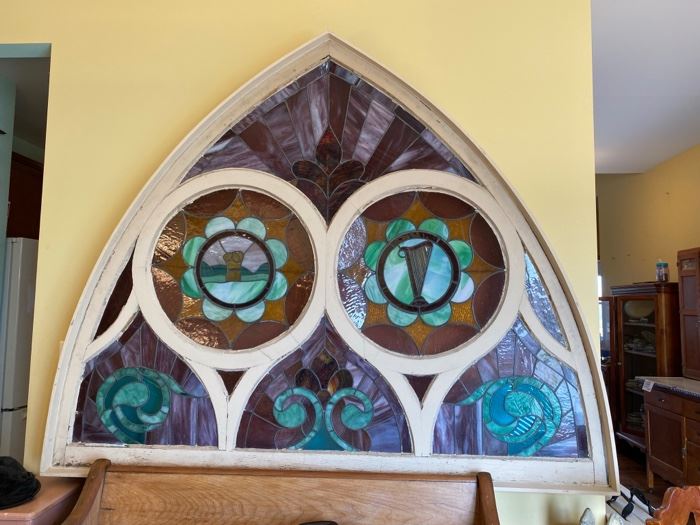 Church arched stained glass window this arch is large approximately 5 feet X 4 feet !