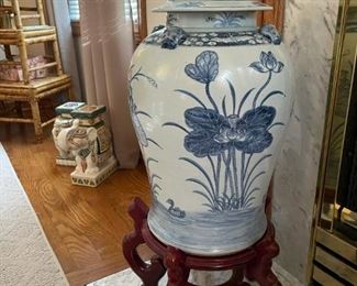 Large Hand Painted Vases on Rosewood Base