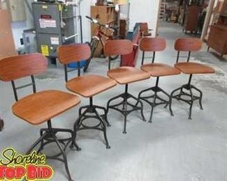 5 Mark Wood Dining Adjustable Height Barstools, Brown Laminated Bentwood Seat Back, Distressed