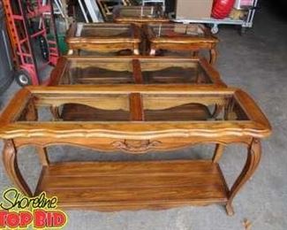 5Piece Set Coffee Table, Hall Table, End Tables Very Good Condition, Beveled Glass Tops