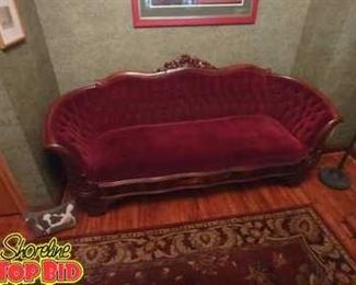 Antique Victorian Sofa, Hand Carved Mahogany with Original Velvet, Beautiful Bow Front
