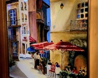 "Red Umbrellas" original mixed media by Shirley Benz $195 or bid#15