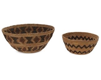 5011
Two Yokuts Baskets
First-Quarter 20th Century
Comprising a bowl woven with double bands of zig-zags (3" H x 6.5" Dia.) and a polychrome bowl with bands of black hourglasses and red diamonds (4.25" H x 9.5" Dia.), 2 pieces
Estimate: $500 - $700