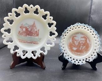 Antique Vintage Milk Glass Lace Edge Plates USS Battleship Maine Roosevelt