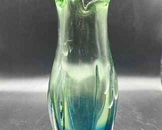 Blue to Light Green Ombr Blown Art Glass Swag Vase