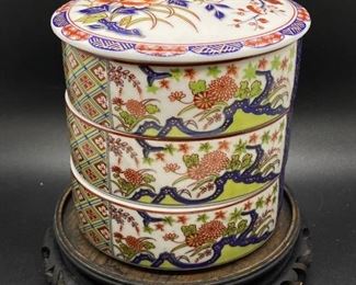 Colorful Floral Porcelain Stacking Trinket Jewelry Box with Lid Wood Stand