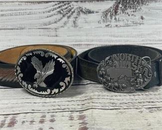 Pair of Vintage Belt Buckles with Belts Eagle North to Alaska