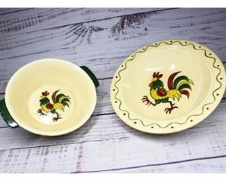 Pair of Vintage Metlox Poppytrail California Provincial Rooster Serving Dish and Fruit Bowl