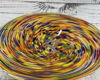 Rainbow Colored Murano Style Swirled Art Glass Bowl