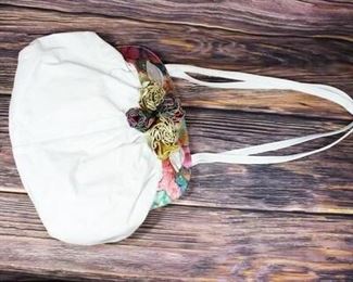 Tiffany Rose Made in California White with Rainbow Flower Trim Handbag Purse