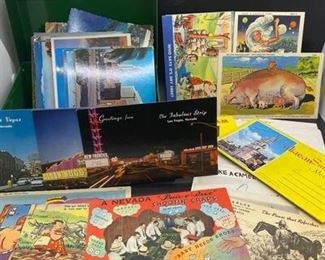 Vintage Collectible Las Vegas, Hoover Dam, Mexico Souvenir Postcards in a J. Chen Co Metal Recipe Box