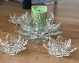 Crystal Flower Candleholders - 4 small and 1 large. The Large has one broken petal. Photo 1 of 3.