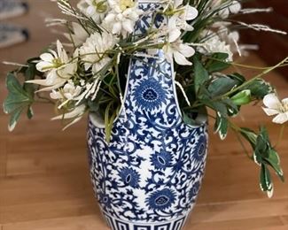 Porcelain Chinoiserie Bucket with Faux Flower Arrangement. Measures 12"H x 7"W. Photo 1 of 4.