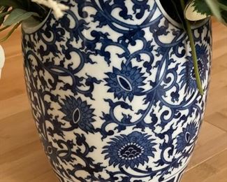 Porcelain Chinoiserie Bucket with Faux Flower Arrangement. Measures 12"H x 7"W. Photo 2 of 4.