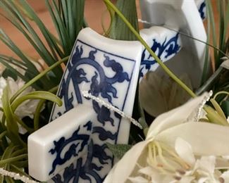 Porcelain Chinoiserie Bucket with Faux Flower Arrangement. Measures 12"H x 7"W. Photo 3 of 4.