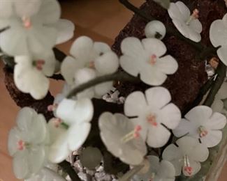 Chinese Carved Jade Floral Bouquet in Stone Vase. Measures 8" W x 4" D x 15" H. Photo 3 of 5.