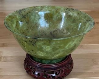 Vintage Translucent Jade Bowl on Stand. Measures 6" D x 4" H. Photo 1 of 2.