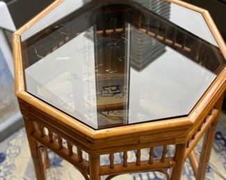 Vintage Hexagon Bamboo Side Table with Glass Top. Measures 21" H x 19" D. Photo 2 of 3.