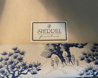 Sherrill Sofa Upholstered in Blue Toile Fabric. Measures 73" W x 38" D. Front & Cushions are in EXCELLENT condition but cat did scratch the top of the frame. Only noticeable if sofa is floating in a room. Photo 2 of 4.