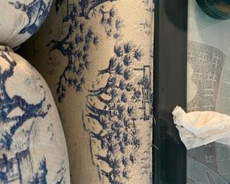 Sherrill Sofa Upholstered in Blue Toile Fabric. Measures 73" W x 38" D. Front & Cushions are in EXCELLENT condition but cat did scratch the top of the frame. Only noticeable if sofa is floating in a room. Photo 4 of 4.