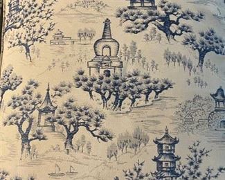 Sherrill Sofa Upholstered in Blue Toile Fabric. Measures 73" W x 38" D. Front & Cushions are in EXCELLENT condition but cat did scratch the top of the frame. Only noticeable if sofa is floating in a room. Photo 3 of 4.