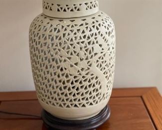 Vintage Off-White Chinese Lattice Ginger Jar fashioned into Table Lamp - 2 Available. Photo 1 of 3.
