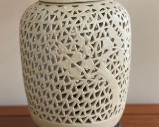 Vintage Off-White Chinese Lattice Ginger Jar fashioned into Table Lamp - 2 Available. Photo 2 of 3.