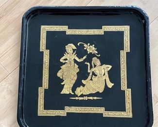Black Lacquer Tray with Gold Asian Motif. Measures 10.5" x 10.5". Photo 1 of 2.