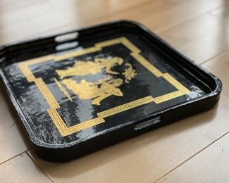Black Lacquer Tray with Gold Asian Motif. Measures 10.5" x 10.5". Photo 2 of 2.
