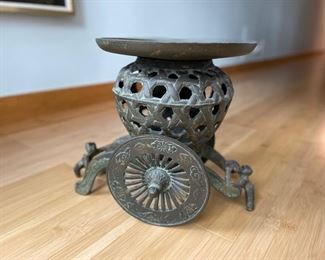 Vintage Japanese Cast Metal Rickshaw Three-Piece Cachepot. Photo 1 of 4.