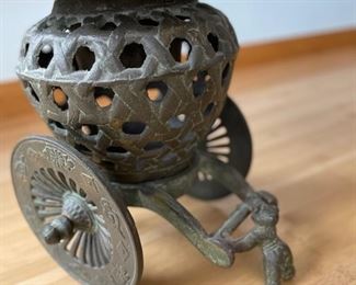 Vintage Japanese Cast Metal Rickshaw Three-Piece Cachepot. Photo 2 of 4.