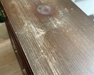 Vintage Hand-Carved, Custom Teak Cabinet with Brass Pulls. Measures 36" W x 18" D x 36" W. Excellent front & sides. Top needs refinishing. Photo 4 of 4.