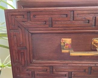 Vintage Hand-Carved, Custom Teak Cabinet with Brass Pulls. Measures 36" W x 18" D x 36" W. Excellent front & sides. Top needs refinishing. Photo 2 of 4.