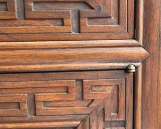 Vintage Hand-Carved, Custom Teak Cabinet with Brass Pulls. Measures 36" W x 18" D x 36" W. Excellent front & sides. Top needs refinishing. Photo 3 of 4.