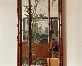 Hand-Painted Bamboo Mirror Panels with Faux Bamboo Frames - 2 available. Each measures approximately 34" H x 16" W.