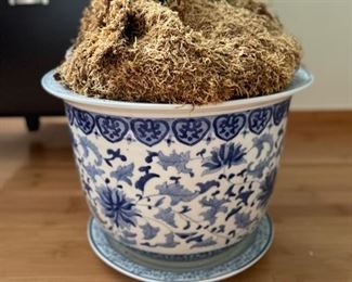 Chinese Blue & White Chinoiserie Fish Bowl with Faux Bamboo Plant. Photo 1 of 3.
