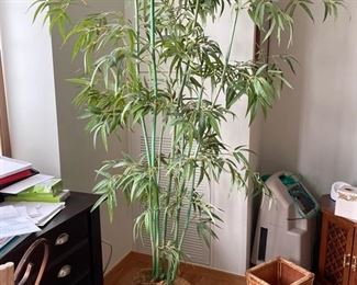 Chinese Blue & White Chinoiserie Fish Bowl with Faux Bamboo Plant. Photo 2 of 3.