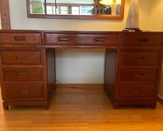 Vintage Hand-Made Teak Dressing Table (or desk) with Bench and Mirror. Table measures 59" W x 20" D x 31" H with 24" H clearance. Photo 1 of 7.