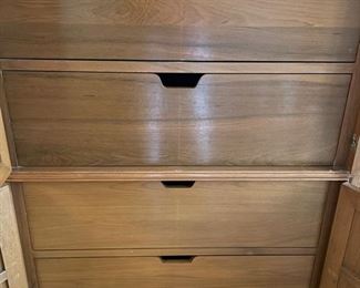 Vintage Custom-Made Teak Cabinet. Measures 38" x 19" D x 48" H. Two Cabinet Doors "hide 4 drawers."