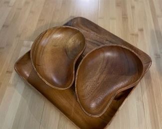 Vintage Teak Kidney-Shaped Serving Bowls and Tray. Stamped "Made In Hong Kong." Photo 1 of 2.