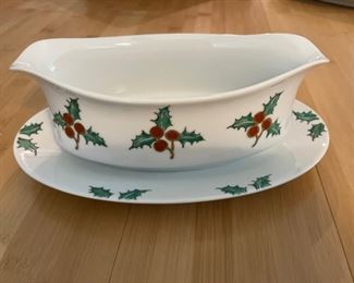 Vintage Limited Edition OverJoy Hong Kong Hand-Painted Holly China: Gravy or Sauce Boat with Under Plate. Photo 4 of 7.