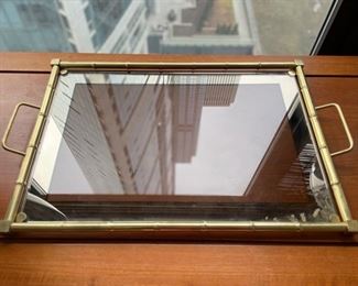 Faux Bamboo Mirrored-Trimmed Glass & Brass Serving Tray with Handles. Photo 1 of 2.