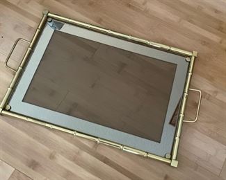Faux Bamboo Mirrored-Trimmed Glass & Brass Serving Tray with Handles. Photo 2 of 2.
