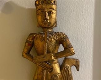 Set of 3 Vintage Gilt Carved Wood Thai Figures of Siamese Musicians. Each measures approximately 8ʺ W × 5ʺ D × 14ʺ H. Photo 1 of 4.