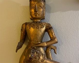 Set of 3 Vintage Gilt Carved Wood Thai Figures of Siamese Musicians. Each measures approximately 8ʺ W × 5ʺ D × 14ʺ H. Photo 2 of 4.